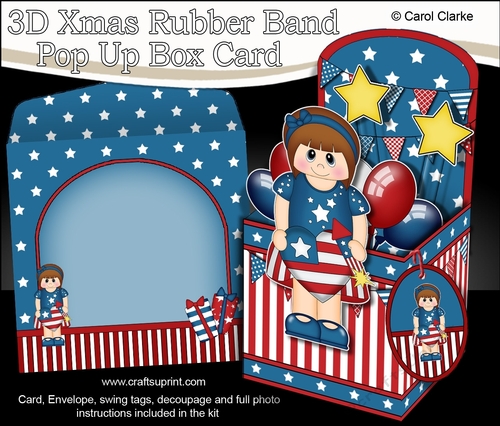 3D Patriotic Stars & Stripes Addison is Celebrating 4th July Rubber Band Pop Up Box Card