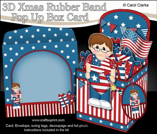 3D Patriotic Stars & Stripes Rylan is Celebrating 4th July Rubber Band Pop Up Box Card
