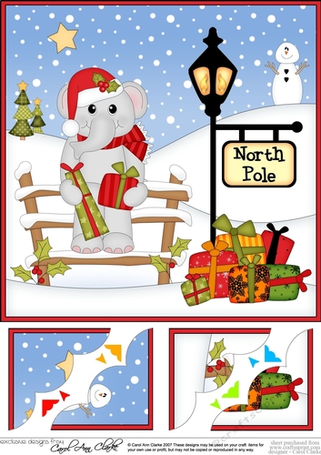 8 x 8 Christmas at the North Pole Lola Elephant has presents Scalloped Corner Topper