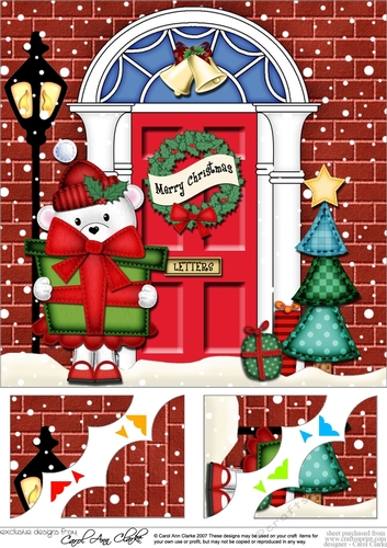 8 x 8 Christmas Door Teddy Tess has a present Scalloped Corner Topper