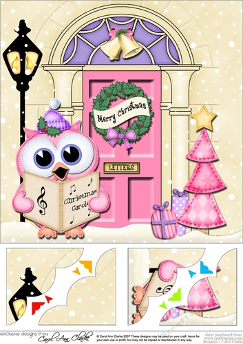 8 x 8 Christmas Door Carol Singing Little Hoot Owl Scalloped Corner Topper