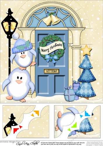 8 x 8 Christmas Door Cute Penguins Scalloped Corner Topper
