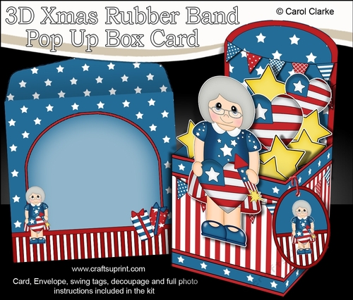 3D Patriotic Stars & Stripes Jayla is Celebrating 4th July Rubber Band Pop Up Box Card