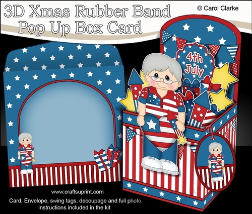 3D Patriotic Stars & Stripes Braxton is Celebrating 4th July Rubber Band Pop Up Box Card