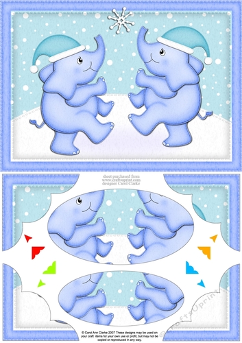 A5 Cute Christmas Elephants play with a Snowflake Topper with Scallop Corners & Pyramage