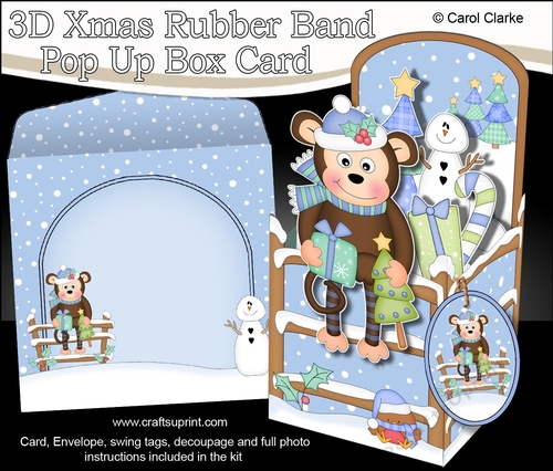 3D Christmas Rubber Band Pop Up Box Card - Cute Little Monkey Bing 