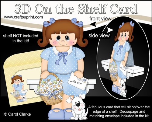 3D On the Shelf Card Kit - Cute Little Girl Shery with Basket of Daisies, letter & Dog Joi