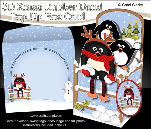 3D Christmas Rubber Band Pop Up Box Card - Pip Penguin goes Snowballing 