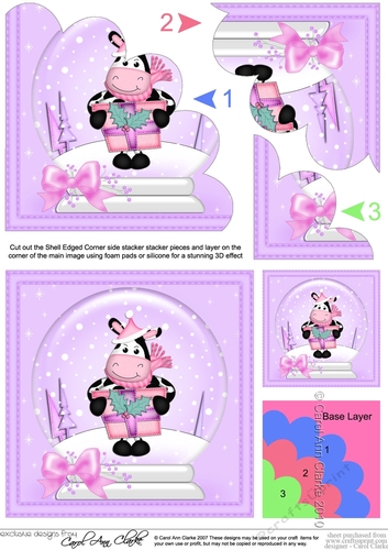 Christmas Milly Moo Cow has a Present Snowglobe Shell Edged Corner Stacker