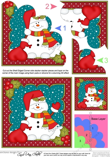 Christmas Snowman Oli has a Santa Sack Shell Edged Corner side stacker