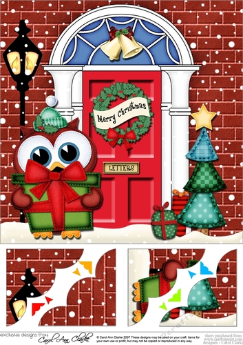 8 x 8 Christmas Door Little Hoot Owl has a present Scalloped Corner Topper