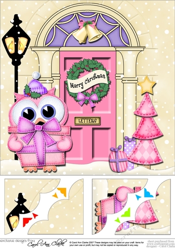 8 x 8 Christmas Door Little Hoot Owl has a present Scalloped Corner Topper