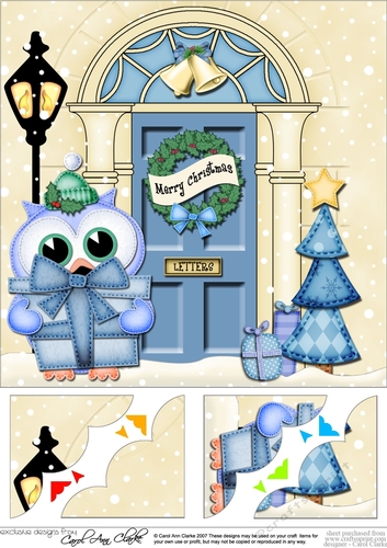 8 x 8 Christmas Door Little Hoot Owl has a present Scalloped Corner Topper