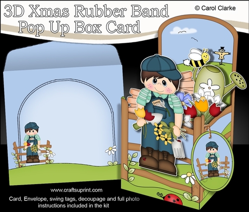 3D Gardening Boy Reece Rubber Band Pop Up Box Card