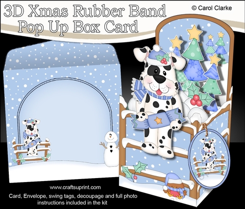 3D Christmas Rubber Band Pop Up Box Card - Spotty Dog has a Christmas Cracker