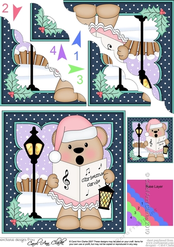 Christmas Livvy Bear goes Carol Singing Scallop Corner Topper