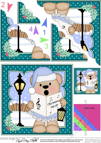 Christmas Livvy Bear goes Carol Singing Scallop Corner Topper