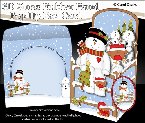 3D Christmas Rubber Band Pop Up Box Card - Snowman Rio has a Christmas Tree