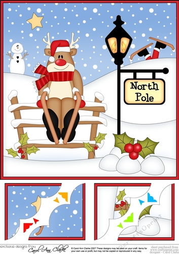 8 x 8 Christmas at the North Pole Rudolph goes Skiing Scalloped Corner Topper  