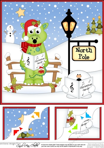 8 x 8 Christmas at the North Pole Denis Dinosaur is Carol Singing Scalloped Corner Topper  