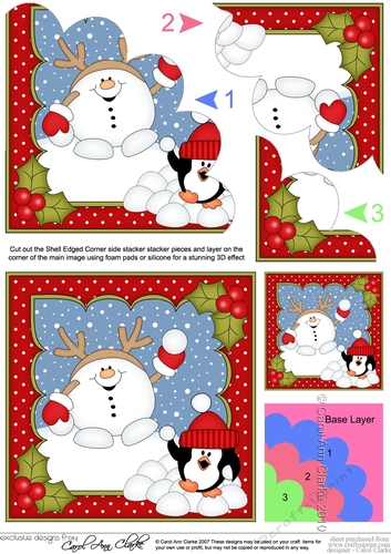 Christmas Snowball Sam and Pip Penguin have a Snowball Fight Shell Edged Corner