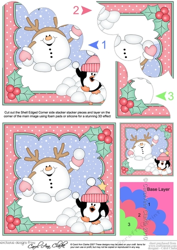 Christmas Snowball Sam and Pip Penguin have a Snowball Fight Shell Edged Corner