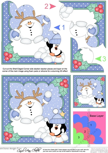 Christmas Snowball Sam and Pip Penguin have a Snowball Fight Shell Edged Corner