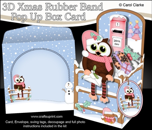 3D Christmas Rubber Band Pop Up Box Card - Little Hoot Owl posts a Letter to Santa