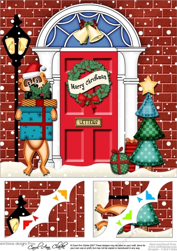 8 x 8 Christmas Door Eric Meerkat has presents Scalloped Corner Topper