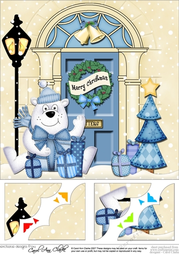 8 x 8 Christmas Door Ben Polar Bear has presents Scalloped Corner Topper