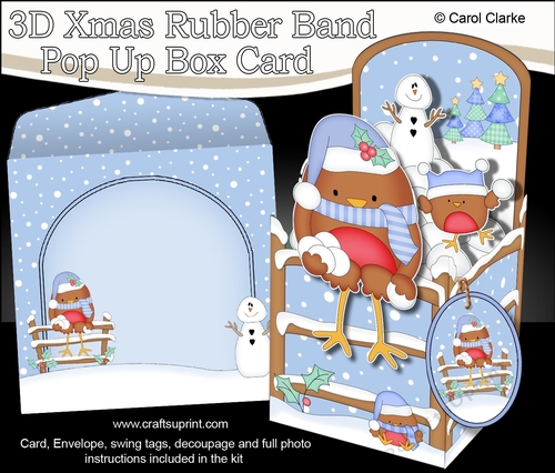 3D Christmas Rubber Band Pop Up Box Card - Bobbin Robin has a Snowball Fight