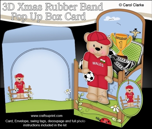 3D Football Freddy Teddy Plays for Wales Rubber Band Pop Up Box Card