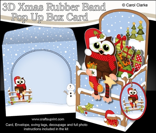 3D Christmas Rubber Band Pop Up Box Card - Little Hoot Owl has a Christmas Stocking