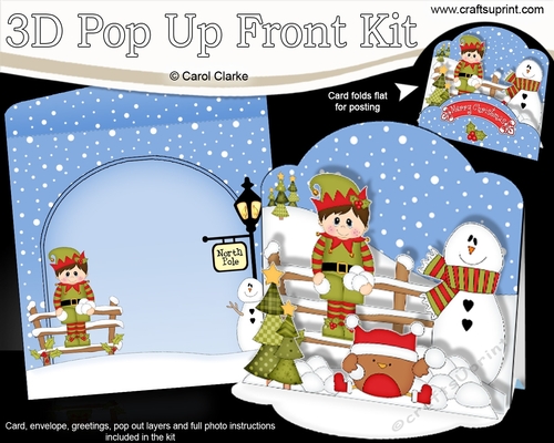 3D Christmas Pop Up Front Card Kit Little Elf has a snowball fight with Bobbin Robin 