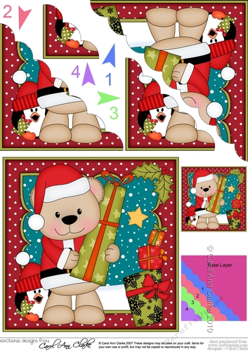 Christmas Livvy Bear and Pip Penguin bring the Christmas Presents Scallop Corner Topper