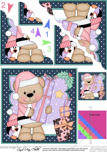 Christmas Livvy Bear and Pip Penguin bring the Christmas Presents Scallop Corner Topper