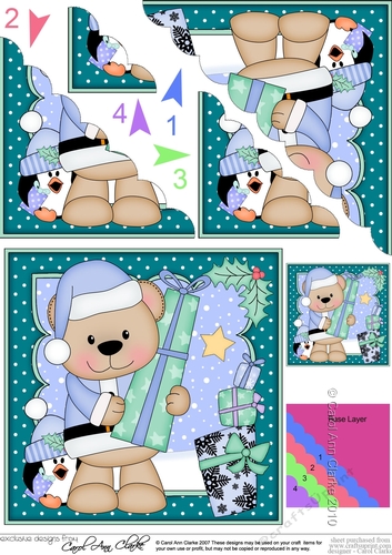 Christmas Austin Bear and Pip Penguin bring the Christmas Presents Scallop Corner Topper