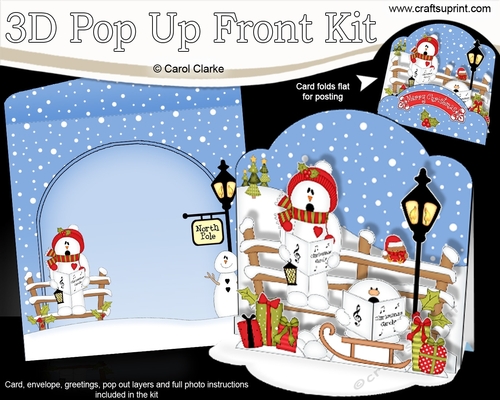 3D Christmas Pop Up Front Card Kit Snowman Roi and Snowball Sam are Carol Singing 