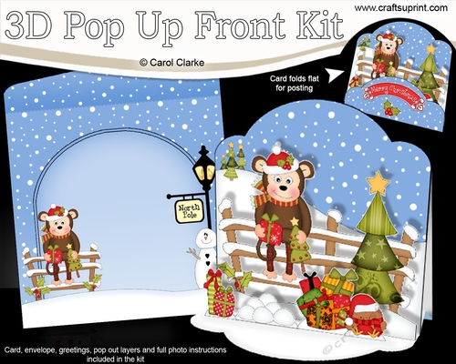3D Christmas Pop Up Front Card Kit Cute Little Bing Monkey brings the Christmas Presents