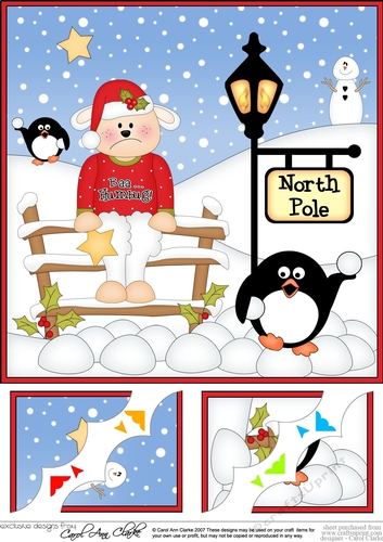 8 x 8 Christmas at the North Pole Baa Humbug Lamb has a snowball fight with Pip Penguin Scalloped Corner Topper  