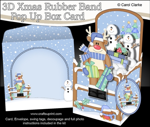 3D Christmas Rubber Band Pop Up Box Card - Rudolph has lots of Christmas Presents