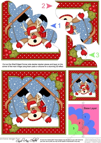 Christmas OOps Rudolph goes skiiing and gets stuck!! Shell Edged Corner Stacker