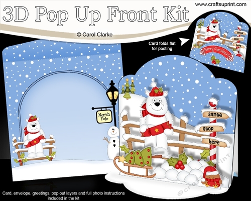 3D Christmas Pop Up Front Card Kit Ben Polar Bear has a Christmas Cracker