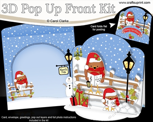 3D Christmas Pop Up Front Card Kit Bobbin Robin goes Carol Singing