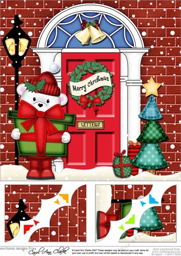 8 x 8 Christmas Door Cute Teddy Bear has a present Scalloped Corner Topper
