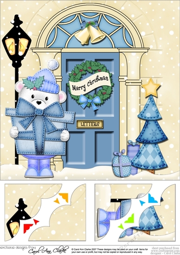 8 x 8 Christmas Door Cute Teddy Bear has a present Scalloped Corner Topper