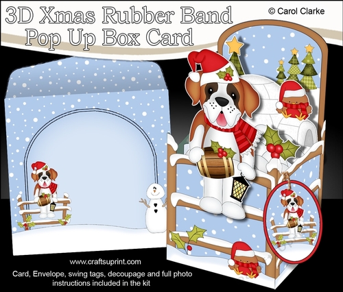 3D Christmas Rubber Band Pop Up Box Card - Tex the St Bernard Dog is at the North Pole