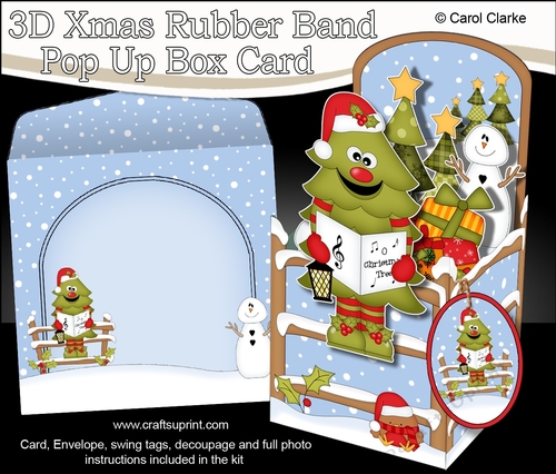 3D Christmas Rubber Band Pop Up Box Card - Fun Cute Carol Singing Christmas Tree