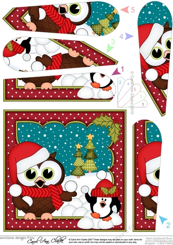Christmas Little Hoot Owl and Pip Penguin have a Snowball Fight Fan Pyramage Topper