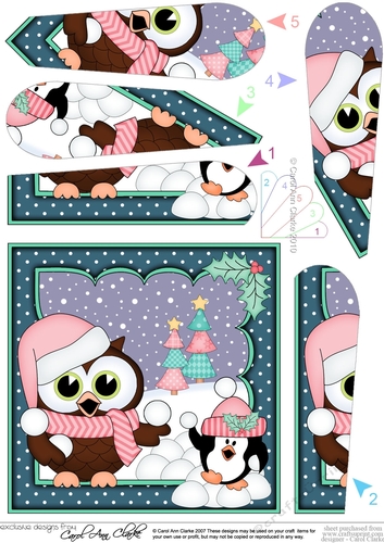 Christmas Little Hoot Owl and Pip Penguin have a Snowball Fight Fan Pyramage Topper